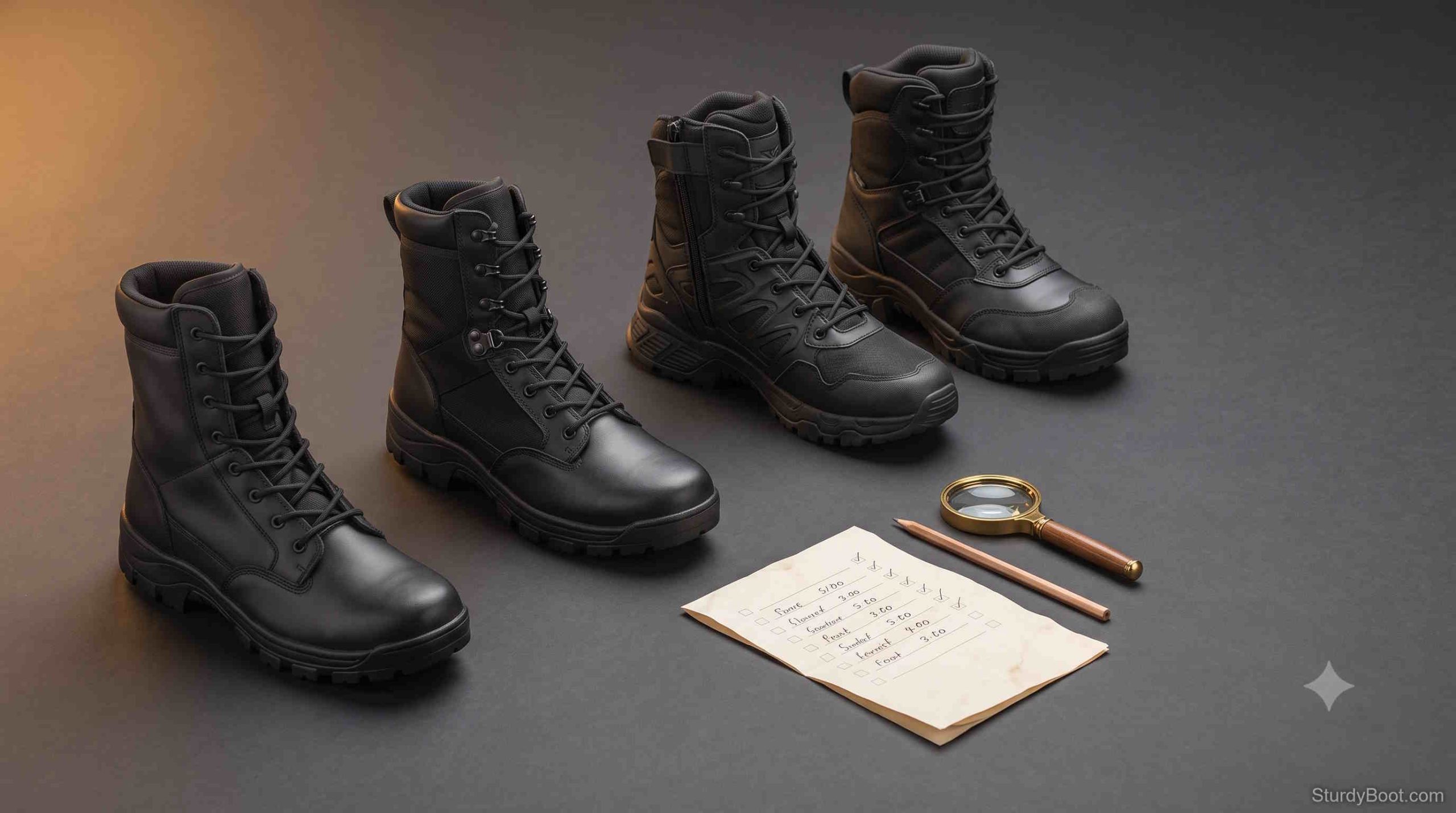 Lineup of black 8-inch tactical police duty boots arranged for a 2026 owner-reviewed comparison, with a checklist and magnifying glass
