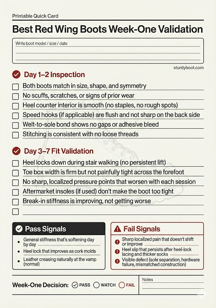A minimalist, print-ready A4 checklist titled 'Best Red Wing Boots Week-One Validation