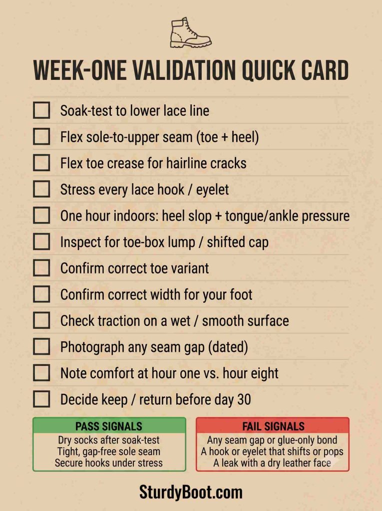 Printable week-one validation checklist for testing new waterproof work boots before the return window