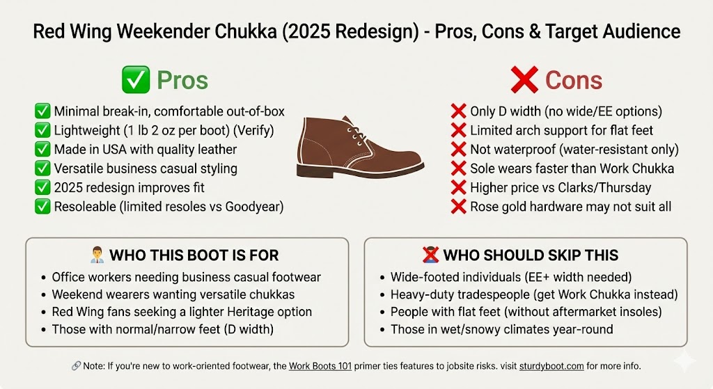 Pros and cons summary box for the Red Wing Weekender Chukka 