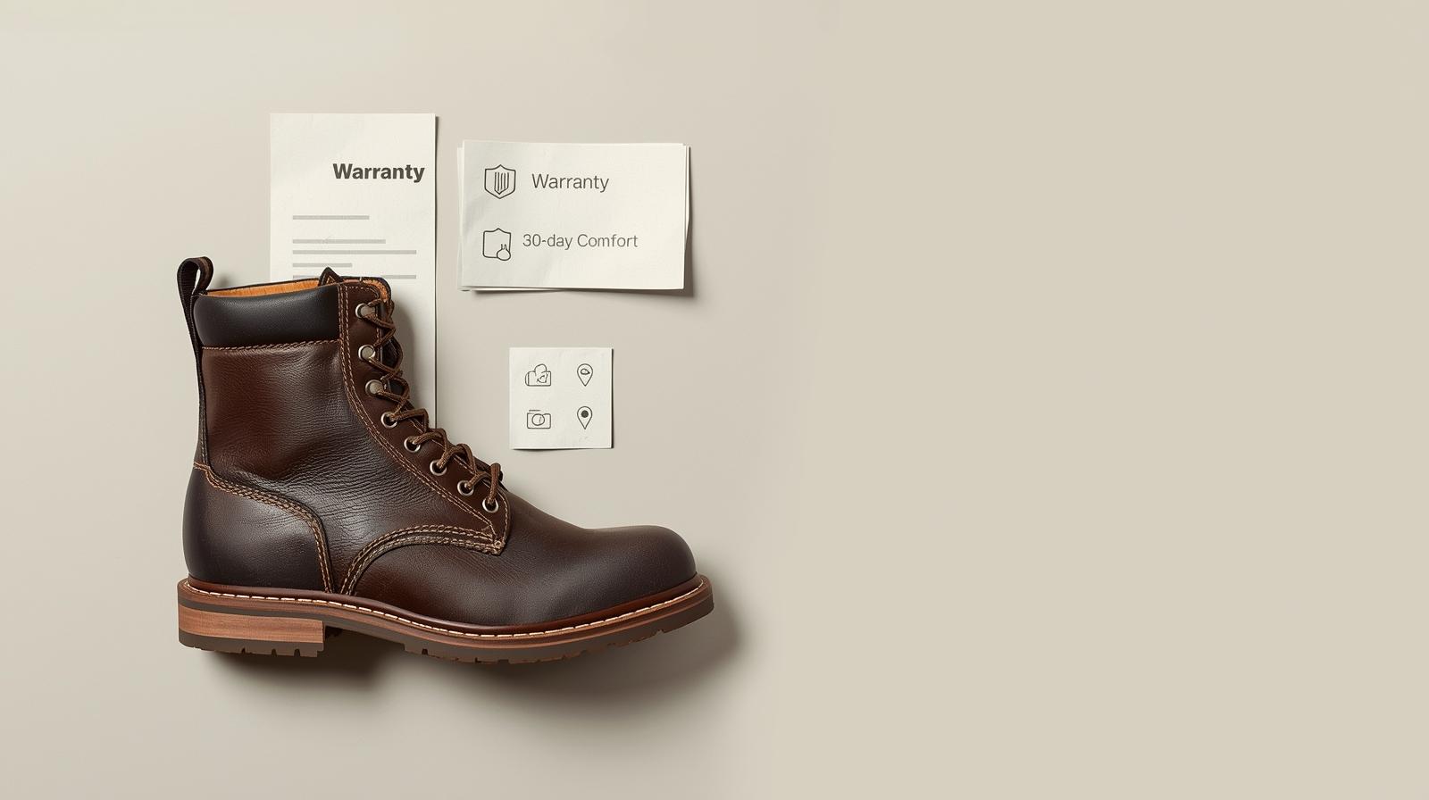 Feature image illustrating Red Wing boots warranty vs 30-day comfort guarantee, with a receipt, boot label tag, and a simple decision split graphic