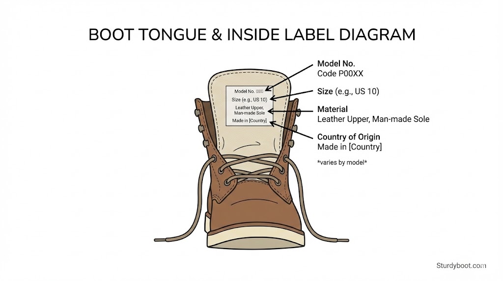  Diagram showing typical places to find inside-boot label/date code information, noting it can vary by model 