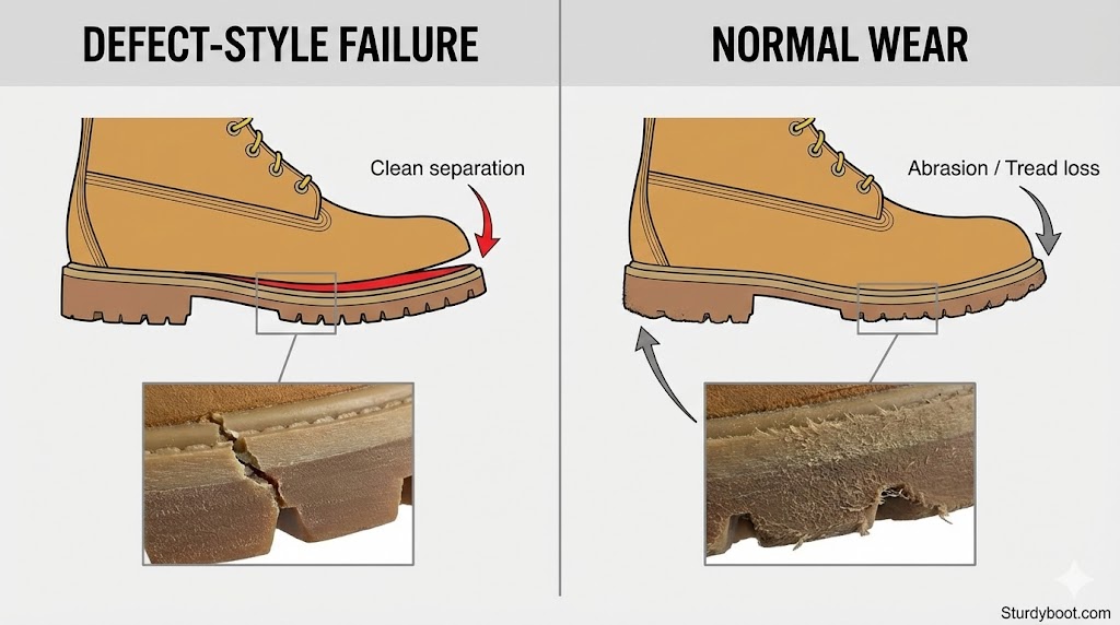 Side-by-side examples showing a manufacturing defect pattern versus normal wear on work boots 