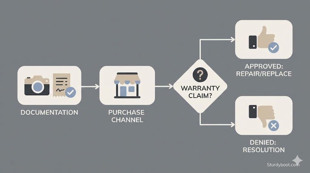 Flowchart of the Red Wing warranty claim process from documenting the defect to store evaluation and outcome