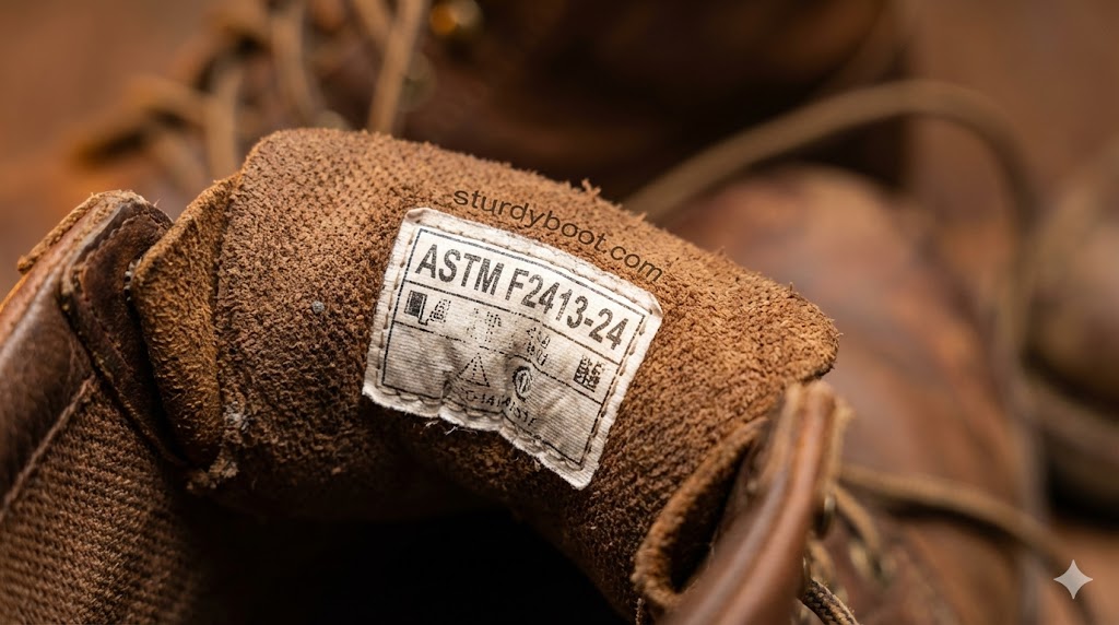Close-up of ASTM F2413-24 safety rating label inside work boot tongue 
