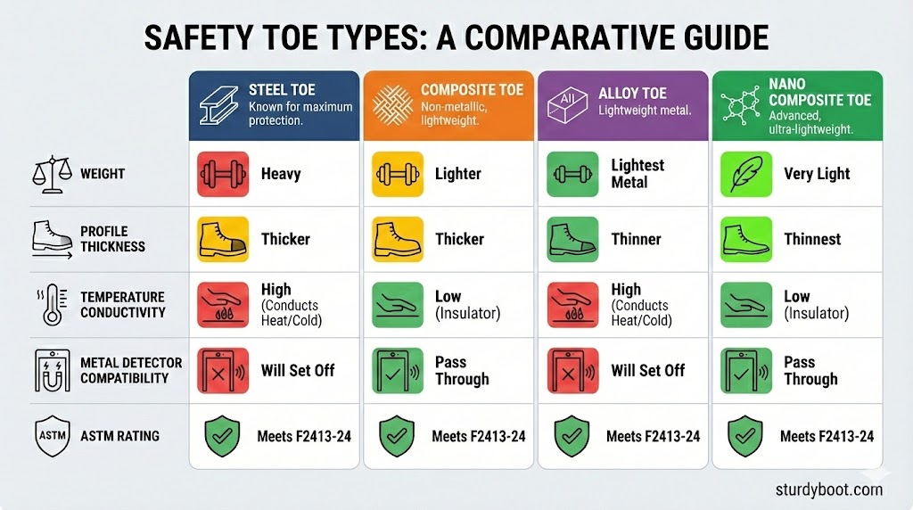 Comparison chart showing steel toe, composite toe, alloy toe, and nano composite toe with ASTM ratings and specifications