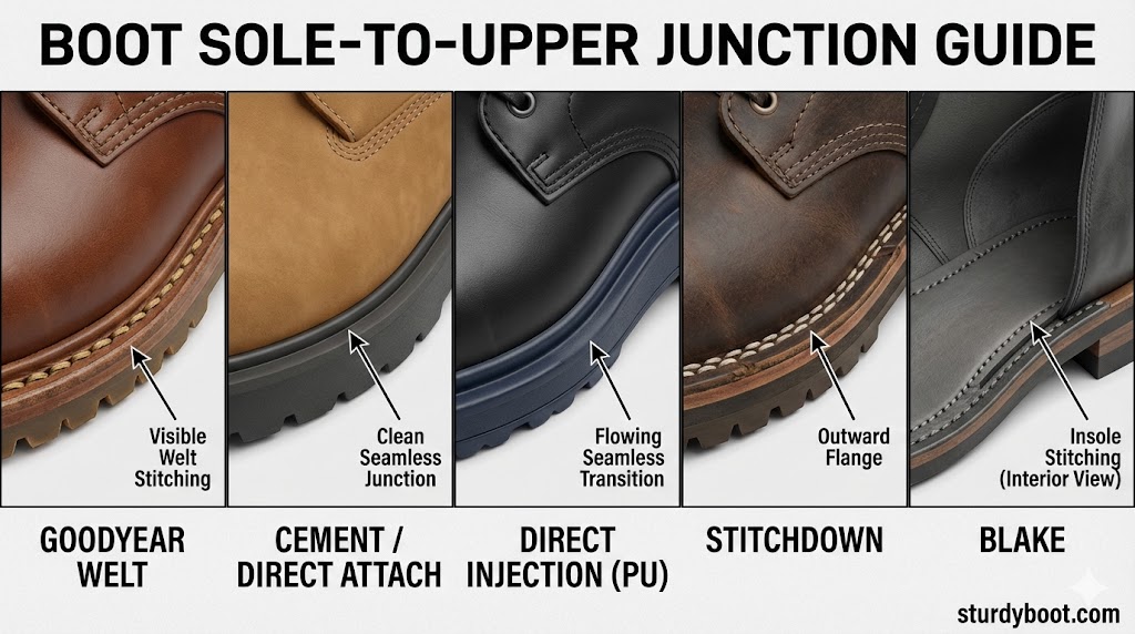 Close-up photos showing visual identification markers for Goodyear welt, cement, direct injection, and stitchdown boot construction