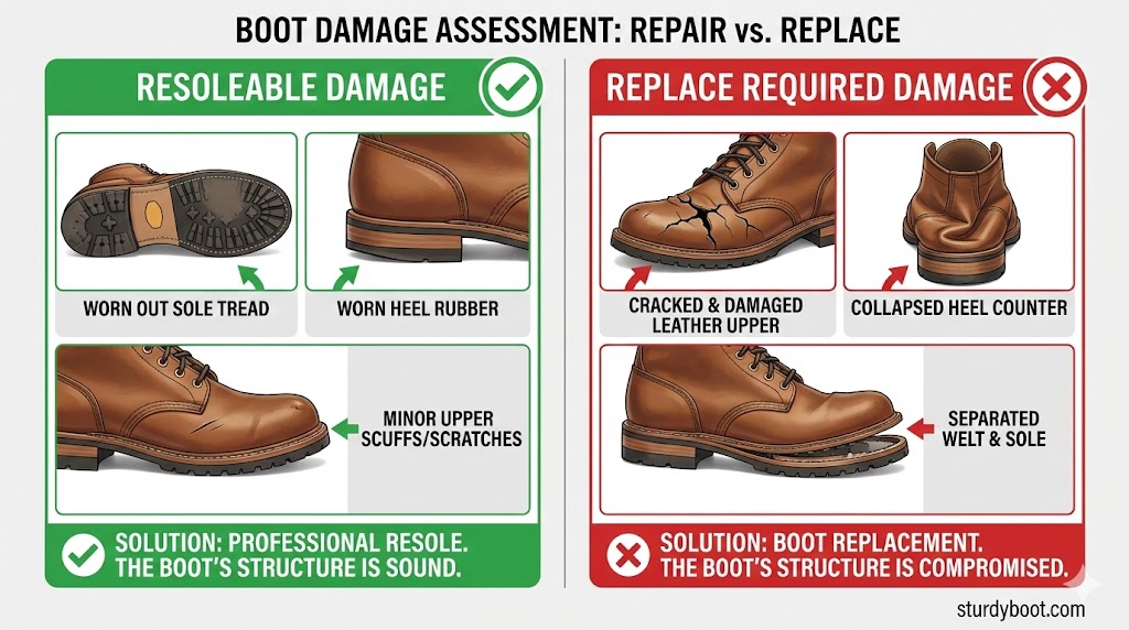 Side-by-side photos showing resoleable boot damage versus damage requiring full replacement