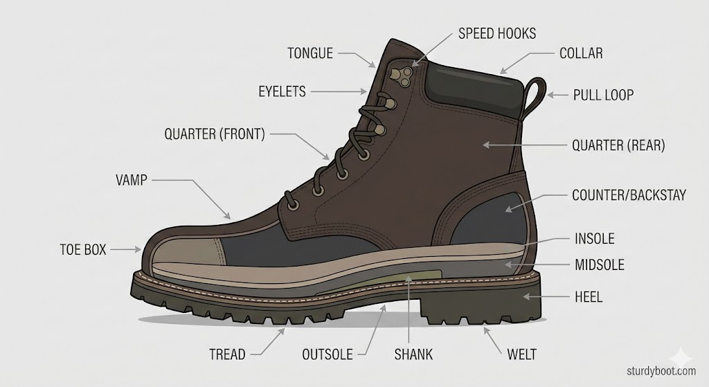 Detailed labeled diagram showing all work boot components including vamp, quarter, toe box, counter, midsole, outsole, and shank