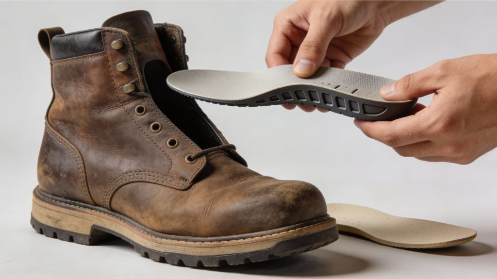 Custom orthotic being placed inside a work boot 