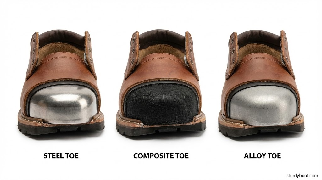 Side-by-side comparison of steel toe, composite toe, and alloy toe cap work boots