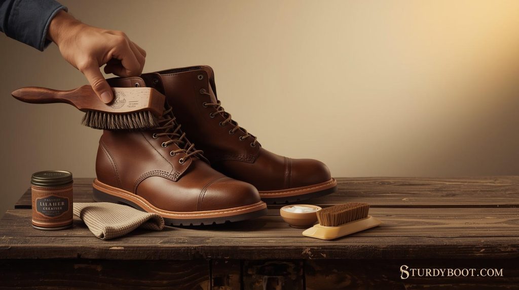 Work boot care essentials: leather work boot being cleaned and conditioned with brushes, cloths, and leather conditioner on a wooden workbench