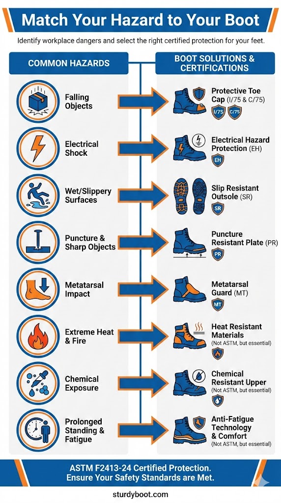Alt: Various work boots lined up representing different trades including construction, electrical, and warehouse jobs