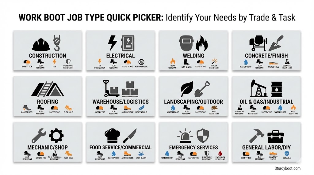 Visual guide showing different work boot requirements organized by trade and job type 