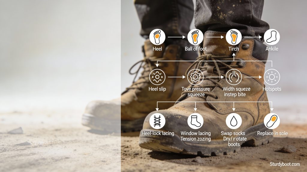 Feature banner showing a worker’s work boots with a clean diagnostic flowchart overlay representing common boot problems by symptom and pain location