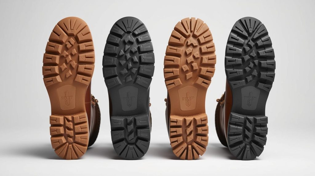 Wedge, heel, logger, and hybrid work boot soles side by side