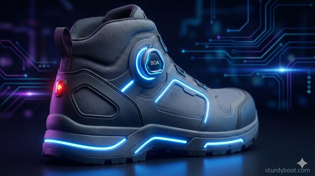 Modern work boot featuring latest technologies including BOA lacing and smart sensors