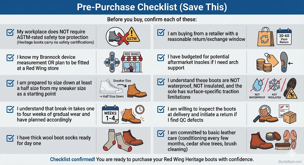 A comprehensive 10-point pre-purchase infographic for Red Wing Heritage boots