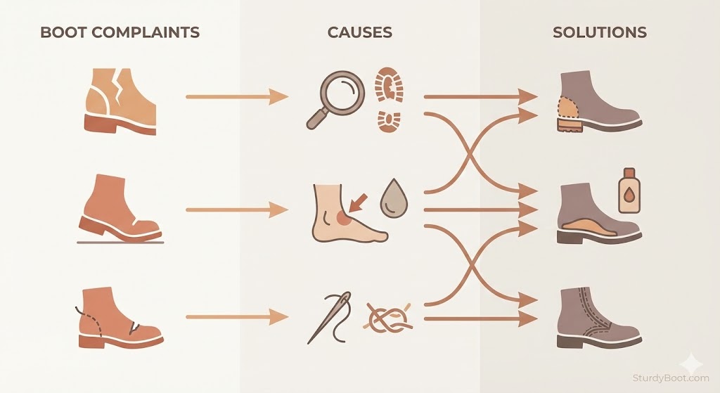 Visual chart showing the most common Red Wing Heritage boot complaints mapped to their likely causes and recommended first checks 