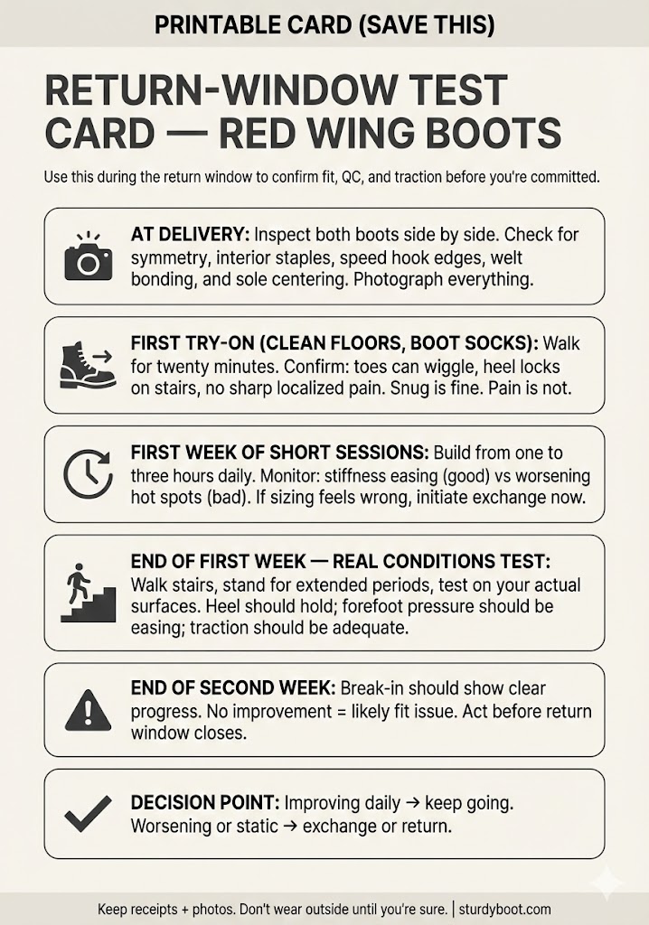 Printable one-page problem decision card for diagnosing and fixing common Red Wing Heritage boot issues 